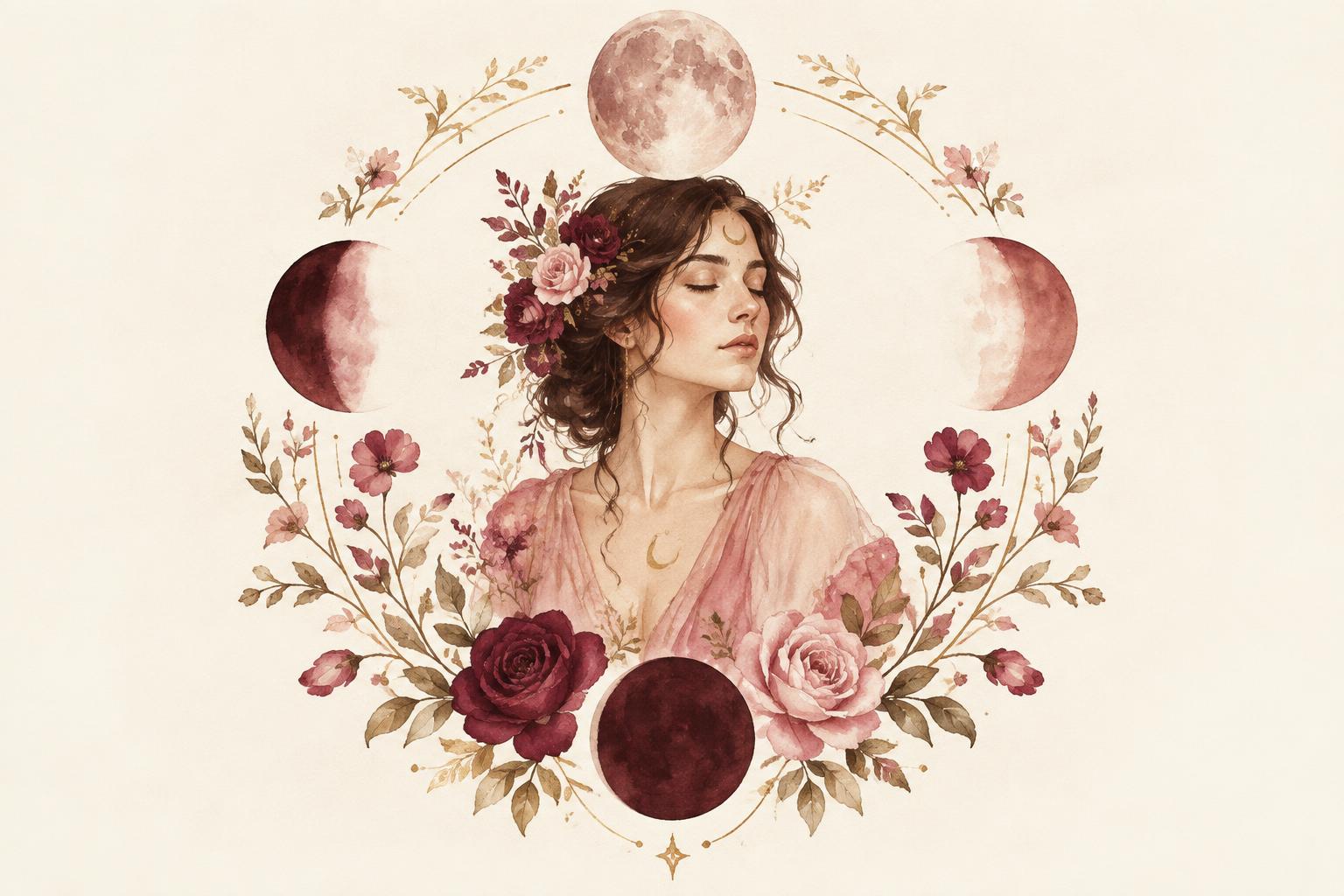 Mujer rodeada por las fases de la luna en acuarela rosa y dorada