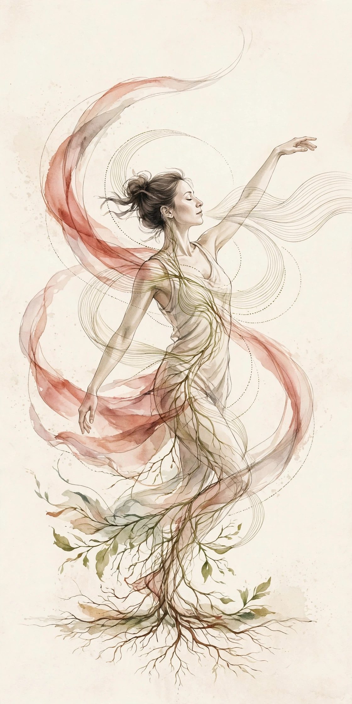 Ilustración de una mujer danzando entre líneas de respiración y raíces