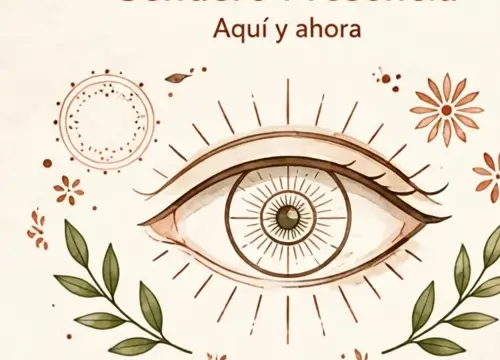 Ilustración de un ojo abierto rodeado de hojas y formas orgánicas