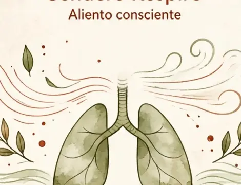 Ilustración de pulmones entre líneas de aire, hojas y tonos oliva