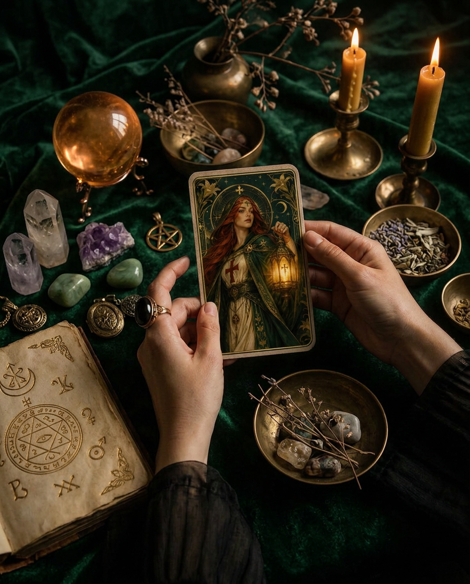 Manos sosteniendo una carta sobre lino oscuro a la luz de una vela