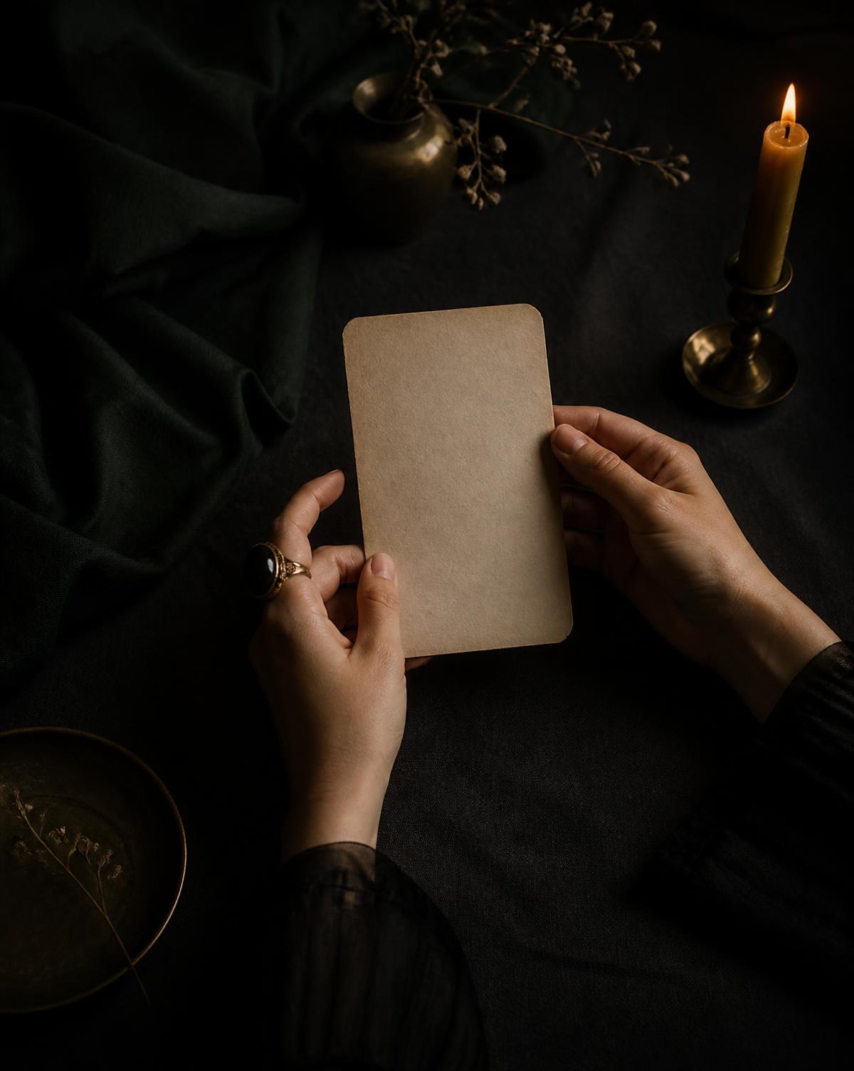 Manos sosteniendo una carta sobre lino oscuro a la luz de una vela