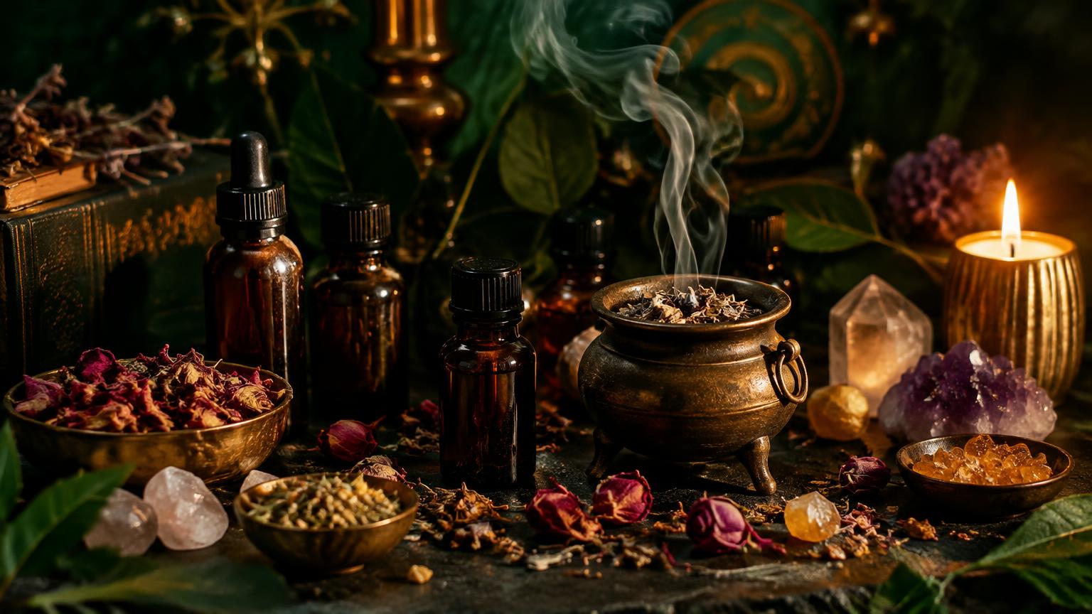 Aceites esenciales, caldero con humo y cristales