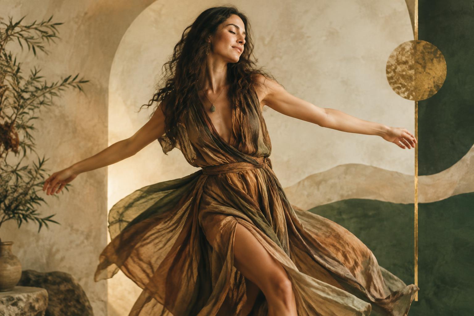 Mujer en danza libre explorando su movimiento entre luz cálida y tonos jade